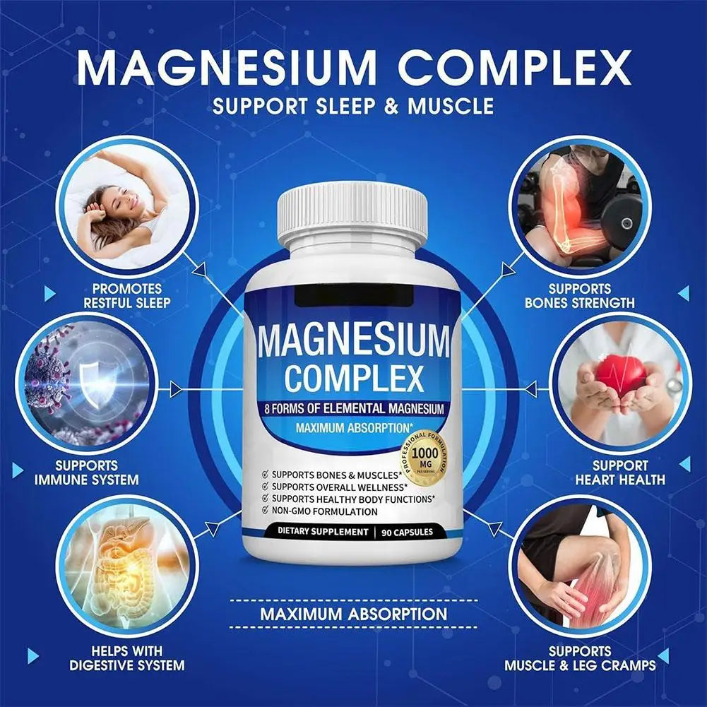 Magnesium Complex 1000MG Supplement 90 Capsules Supports Healthy Body Functions Muscle Bone Health Dietary Supplement