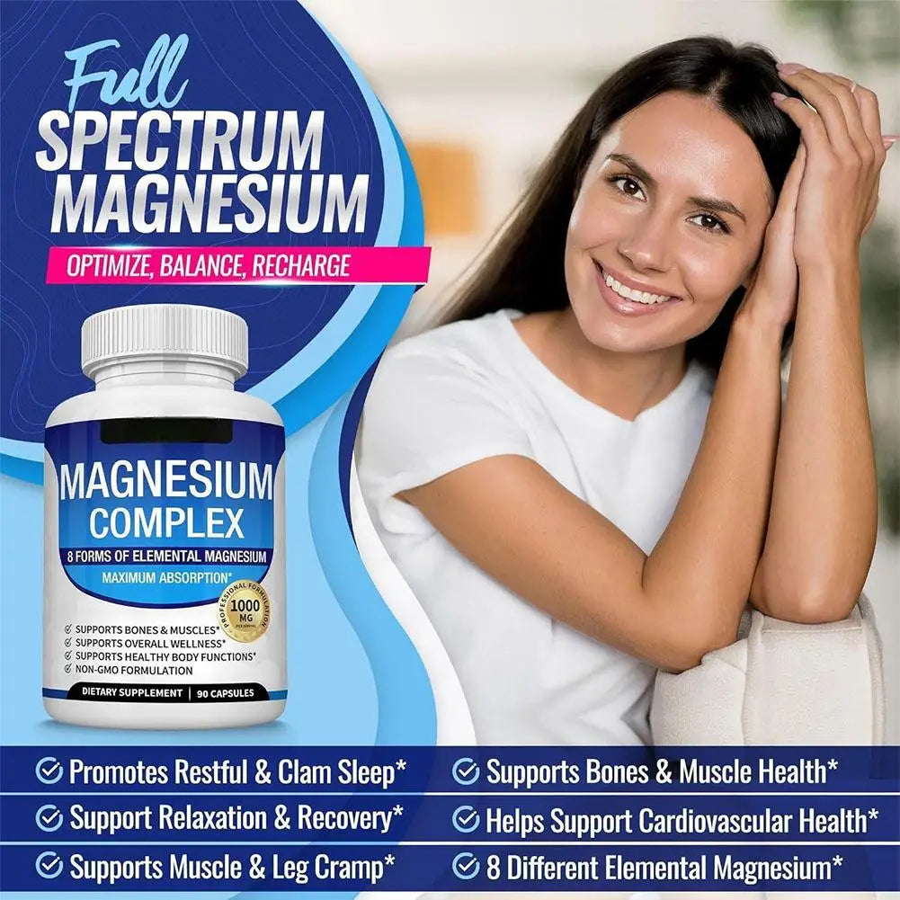 Magnesium Complex 1000MG Supplement 90 Capsules Supports Healthy Body Functions Muscle Bone Health Dietary Supplement